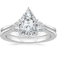 Moissanite Engagement Ring Set, 5 CT Pear Shape Colorless Stones, Sterling Silver Eternity Band