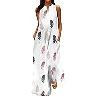 Women's Cocktail Dresses,Plus Size Loose Summer Dress V Neck Elegant Floral Print Maxi Dress Sexy Sleeveless Dress Casual Flowy Long Dress With Pocket for Work Office Party Shopping Silver 5XL