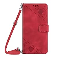 Compatible with Pixel 7A Wallet Case for Women with Credit Card Slots Kickstand Wrist Strap and Long Lanyard Red Leather Crossbody Protective Cover with Embossed Design for Google7A
