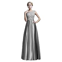 Women's Sleeveless Satin Scoop Neck Bridesmaid Dresses Floor Length Lace Applique Evening Gowns