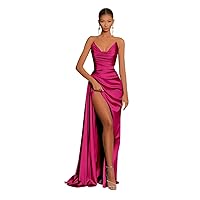 Strapless Mermaid Prom Dresses for Women Silk Satin Formal Evening Gowns with Slit V-Neck Pleated Party Dress