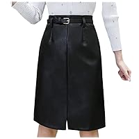 Autumn High Waist PU Leather Skirt Mid-Length A-Line All-Match Hip-Wrap Skirt Solid Straight Belt Split Pencil Skirts