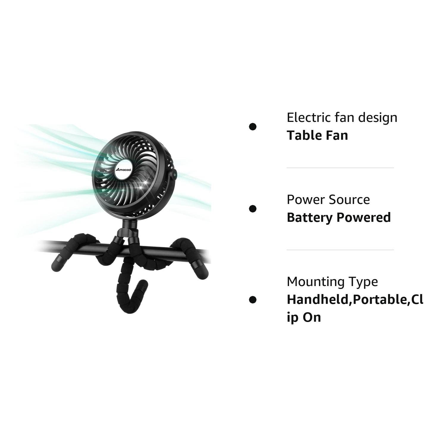AMACOOL Battery Operated Stroller Fan Flexible Tripod Clip On Fan with 3 Speeds and Rotatable Handheld Personal Fan for Car Seat Crib Bike Treadmill (Black)
