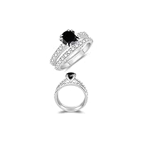 1.24-1.63 Cts Round Black Diamond & 0.64 Cts Diamond Engagement-Wedding Ring Set in 14K White Gold