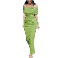 Wedding Guest Dresses for Women Cold Shoulder Solid Color Party Dress Gown Fashion Elegant Club Maxi Dress Bodycon Sexy