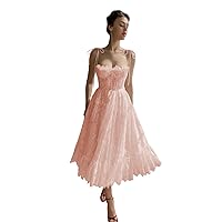 Embroidered Spaghetti Straps Prom Dresses Tea Length Formal Evening Gowns A-Line Princess Party Dress with Pockets