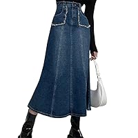 Plus Size Denim Skirts Women High Waist Ruffled Edge A-Line Denim Long Dresses Casual Bodycon Skirt Blue 4XL