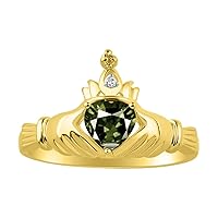 Rylos 14K Yellow Gold Claddagh Love, Loyalty & Friendship Ring with Heart 6MM Gemstone & Diamond Accent - Exquisite Claddagh Rings Birthstone Jewelry for Women - Available in Sizes 5-13
