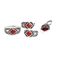 Semi Sapphire Red Agate Square Antiqued Tibeten Silver Ring Earrings Pandant Set Fashion Jewelry for Women