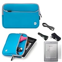 Blue with Gray Trim Slim Protective Soft Neoprene Cover Carrying Case Sleeve with Extra Pocket for Kindle Touch 6 inch and USB Car Charger and USB Home Charger and USB Data, Sync Cable