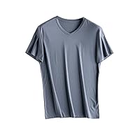 Mens Solid Tee Cotton Silk Blend Plain O-Neck Short Sleeved T Shirts Summer Simple Chic Top White Black