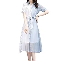 Women's Casual Plus Size Stripe Double Color Splicing Long Length Shirtdress with Belt