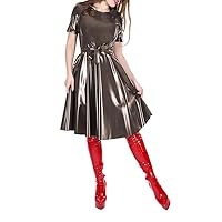 Office Lady O-Neck Glossy Solid Color Knee-Length PVC Dress Female Short Sleeve Elegant A-line Dress with Belt (Large,Dark Brown,Large)