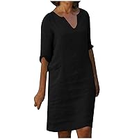 Cotton Linen Dresses for Women Casual Summer Knee-Length Dress 2023 Fashion Print Sundress 3/4 Sleeve V Neck Dress