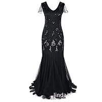 Women's Vintage Dress Sequin Dress Banquet Light Party Evening Dress Fishtail Skirt Long L Black