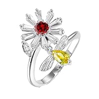 Cute Daisy Flower Bee Floral Spinner Ring CZ Anxiety Engagement Wedding Band ADHD Stress Relief Fidget Toys Adjustable