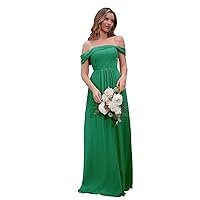 A Line Off Shoulder Long Bridesmaid Dress for Women, Chiffon Short Sleeves Formal Evening Party Gown with Train