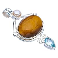 StarGems® Natural Tiger Eye River Pearl And Blue TopazHandmade 925 Sterling Silver Pendant 1.75