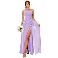 One Shoulder Bridesmaid Dresses for Women Ruched Chiffon A Line Evening Formal Gown with Slit U005