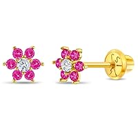 14k Yellow Gold Colorful Cubic Zirconia Flower Screw Back Earrings for Toddlers & Little Girls - Tiny Flower Studs for Girls - Casual & Sparkly Flower Earrings for Children