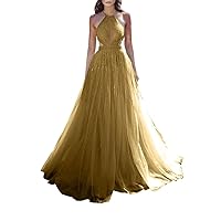 Halter Neck Prom Dresses Sequined Tulle Formal Princess Dress Pleated Cutout Evening Long Ball Gowns for Women A Line DR0449