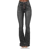 Women's Retro Style Skinny Bell Bottom Jeans Classic High Rise Button Fly Flare Jean