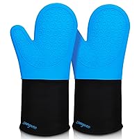 sungwoo Extra Long Silicone Oven Mitts, Heat Resistant Oven Gloves with Quilted Liner Non-Slip Textured Grip Perfect for BBQ, Baking, Cooking and Grilling - 1 Pair 14.6 Inch Blue & Black
