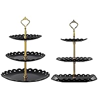2 Pack of Large Plastic Dessert Stands, 3 Tier Cupcake Stand, 3 Tiered Serving Display Stand Reusable Pastry Dessert Tower Tray/Platter for Tea Party, Baby Shower and Wedding (Black & Gold)