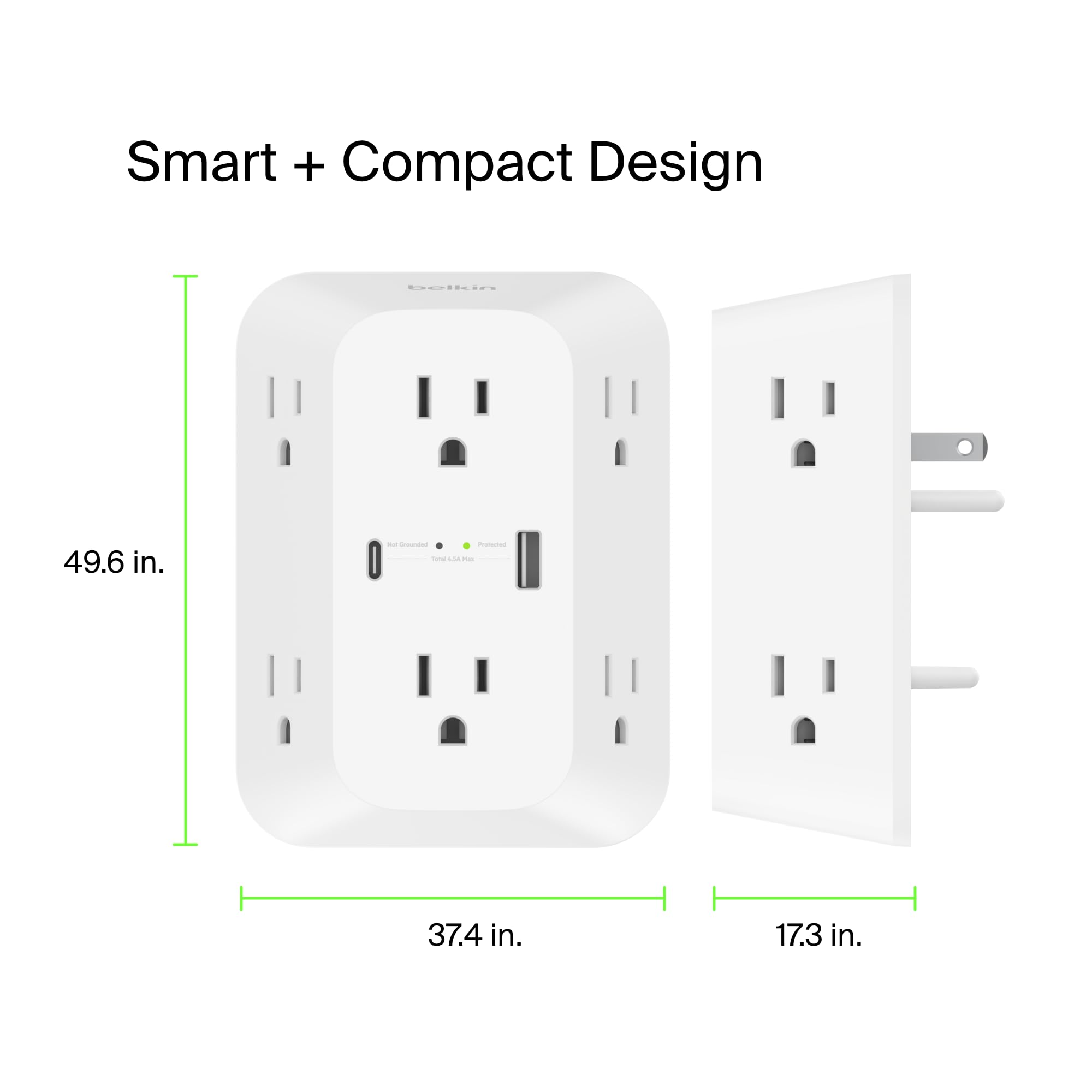 Belkin 6-Outlet Surge Protector Power Strip, Wall-Mountable with 6 AC Outlets, Overvoltage Protection, LED Indicator - USB-C Port & USB-A Port w/USB-C PD Fast Charging - 1680 Joules of Protection