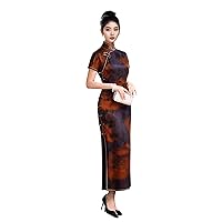 Women Qipao Silk Fragrant Cloud Yarn Ink Print Mock Collar Short Sleeve Slim Orange Evening Long Dress 3620