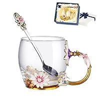 Glass Tea Cup Coffee Mug,Handicraft , Enamel flower Lead-free Glass Coffee Mugs Tea Cup,Best Birthday Gifts For Women Wife Mom Friends Mothers Valentines Day Christmas (300ml,10.12 oz)