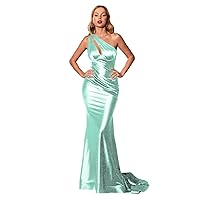 Satin Prom Dresses for Women One Shoulder Mermaid Evening Dress Ruched Sexy Formal Gown ZJF03