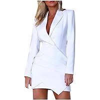 Women's Wrap V Neck Bodycon Mini Blazer Dress Long Sleeve Fashion Asymmetrical Hem Solid Office Work Sheath Dresses