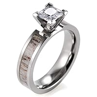 Women's 5mm Titanium Cubic Zirconia Engagement Ring with Genuine Antler Inlaid