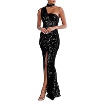 Women Sequin Sexy Elegant One Shoulder Tassel Oblique Collar Mermaid Cocktail Party Evening Formal Dress Prom Gown