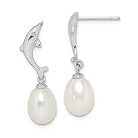 925 Sterling Silver Rhod Plat 7 8mm White Rice Freshwater Cultured Pearl Dolphin Earrings Measures 27. Jewelry Gifts for Women