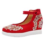 Floral Embroidered Woman Pumps Canvas Casual Wedges Shoe Ankle Strap High Heels Ladies Ethnic Platform Shoes Sandals Red 4.5