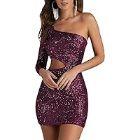 One Shoulder Cut-Out Homecoming Dresses Sparkly Sequin One Long Sleeve Short Prom Gowns Cocktail Dressfor Women