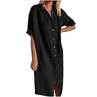 Women's Casual Cotton Linen Shirt Dress Button Down Short Sleeve Lapel V Neck Summer Loose Fit Beach Midi Dresses