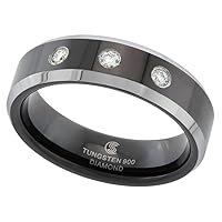 6mm Black Tungsten 3 Stone Diamond Wedding Ring Two-tone Beveled Edges Comfort fit, sizes 4-9.5