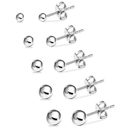 UHIBROS Hypoallergenic Studs Earrings 316L Surgical Stainless Steel Earrings Round Ball Earring for Women Men 5 Pairs Assorted Sizes(4mm-8mm)