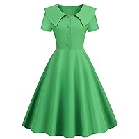 Women's Vintage 1950s Cocktail Party Dress Short Sleeve Lapel Button Down Rockabilly Pinup Audrey Hepburn Dresses