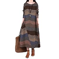 Spring Autumn Ladies Stitching Striped Round Neck Woman Dress Long Sleeves Women's Casual Loose