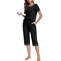 Women's Pajama Sets Short Sleeve Sleepwear Top and Capri Pants Soft Loungewear Pjs Set 2 Piece with Pockets