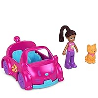 Polly Pocket Collectible Micro Mini Metal Vehicle, Poseable Doll and Pet Set - Shani Doll with Hot Pink Kitty Theme Convertible Car and Orange Cat Sidekick Playset
