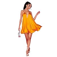 Dresses for Women Women's Dress Rhinestone Chain Detail Crisscross Backless Slip Dress Dresses (Color : Orange, Size : Large)