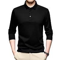 Cotton Polo Shirt, Men Long Sleeve Autumn Winter Soft Sport Golf Shits, Slim Fit Black Casual Solid Top
