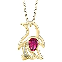Created Pear Cut Ruby Gemstone 925 Sterling Silver 14K Gold Over Diamond Cute Penguin Pendant Necklace for Women's & Girl's
