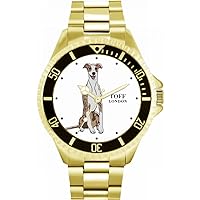 Striped Beige Whippet Dog Mens Wrist Watch 42mm Case Custom Design