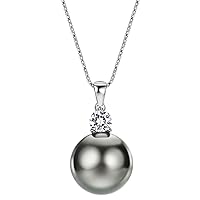 Tahitian Cultured Pearl Necklace Pendant Sterling Silver with Cubic Ziconia Jewelry for Women 16-18 Inches